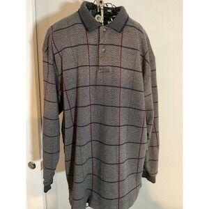 Alexander Julian Colours Mens XL Grey Plaid Long Sleeve Polo Shirt 100% Cotton